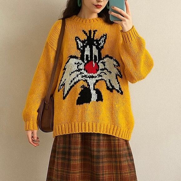 Vintage Sweaters - Vintage Oversized Looney Tunes Sylvester The Cat Yellow Sweater Size‎ Large